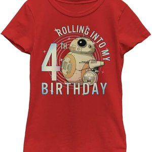 STAR WARS BB-8 D-O Rolling 4th Birthday T-Shirt Large 10/12 Red Girls NEW Happy